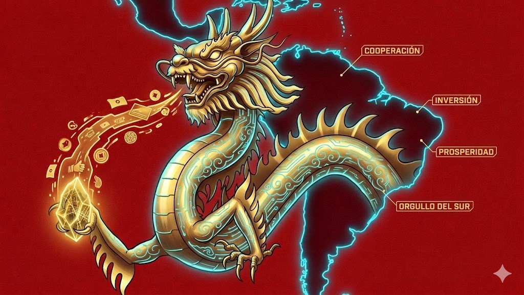 Dragón dorado de neón sobre el mapa de América Latina