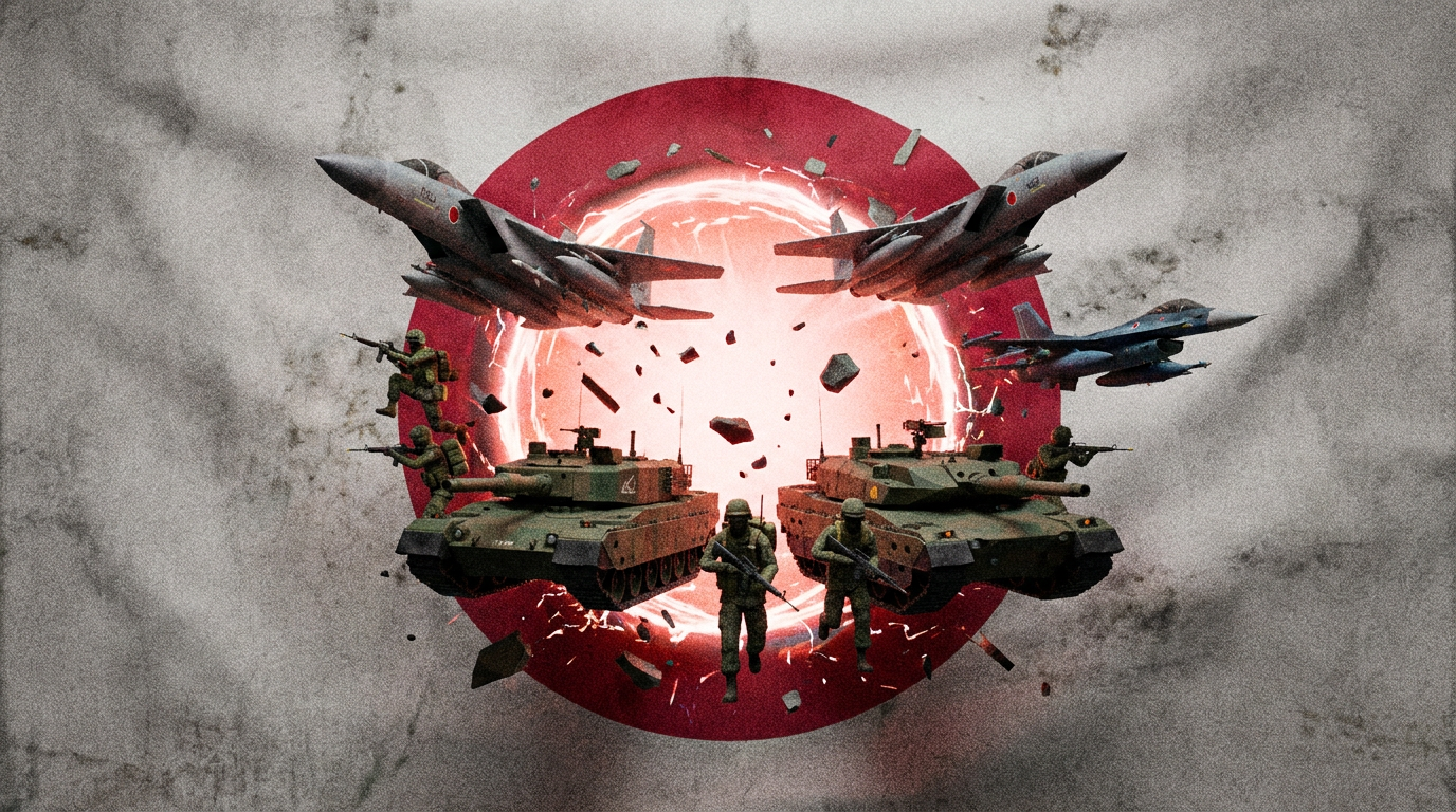 Aviones de combate, tanques y soldados de las Fuerzas de Autodefensa de Japón ante el disco rojo de la bandera nipona