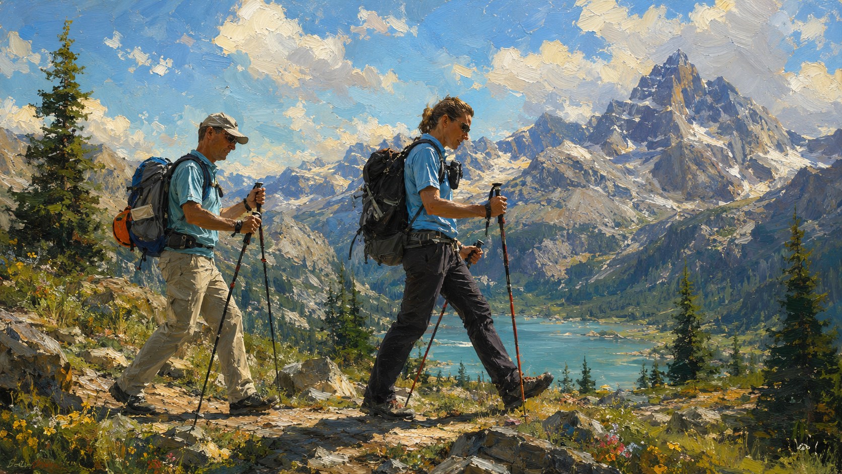Dos personas practican marcha nórdica en un sendero de montaña