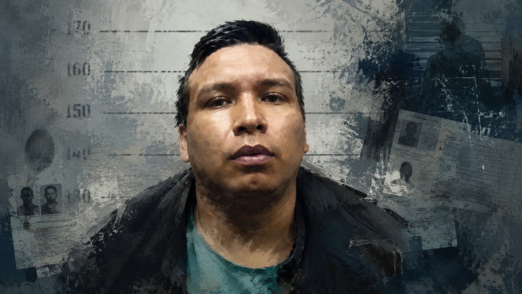 Ilustración editorial de un hombre ante una escala de medición policial