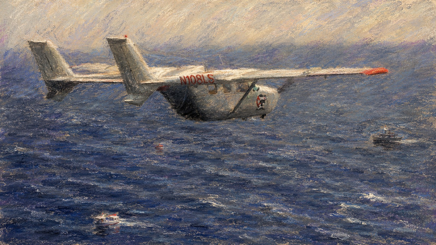 Avioneta sobre el mar en una ilustración de estilo pastel seco