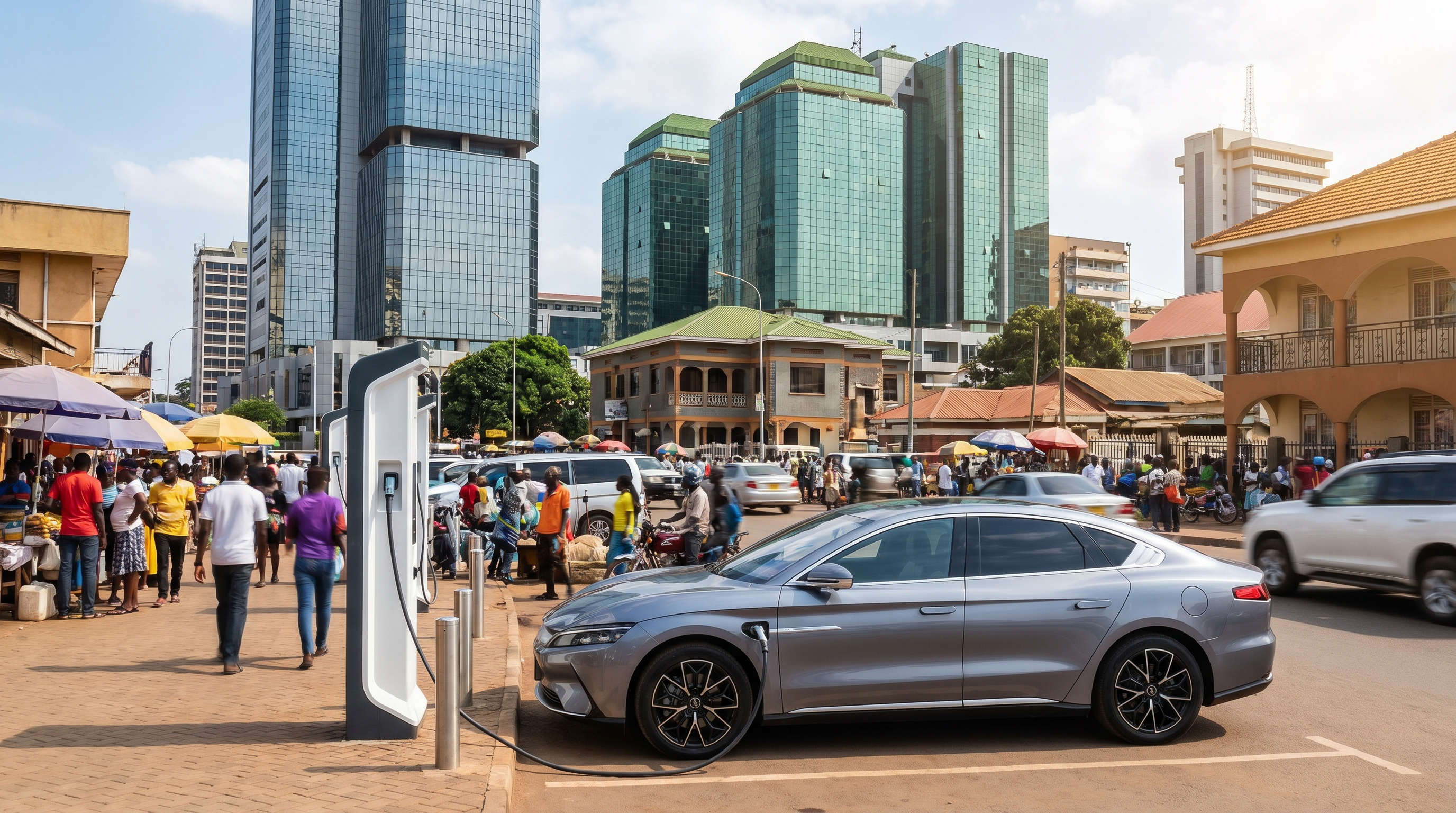 Vehículo eléctrico cargando en una ciudad africana con edificios de cristal modernos, mercado callejero y tráfico urbano