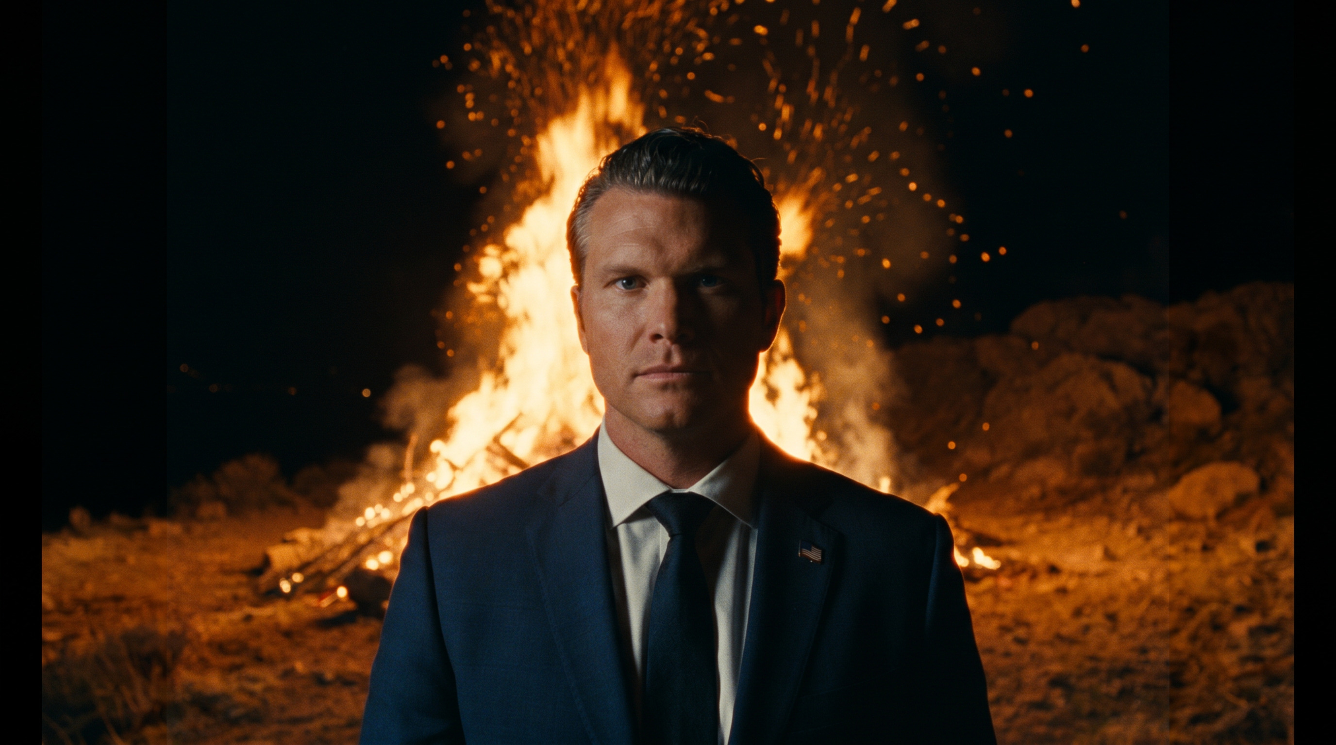 Pete Hegseth, secretario de Guerra de Estados Unidos, frente a llamas — símbolo de la purga que arrasa el alto mando del Pentágono
