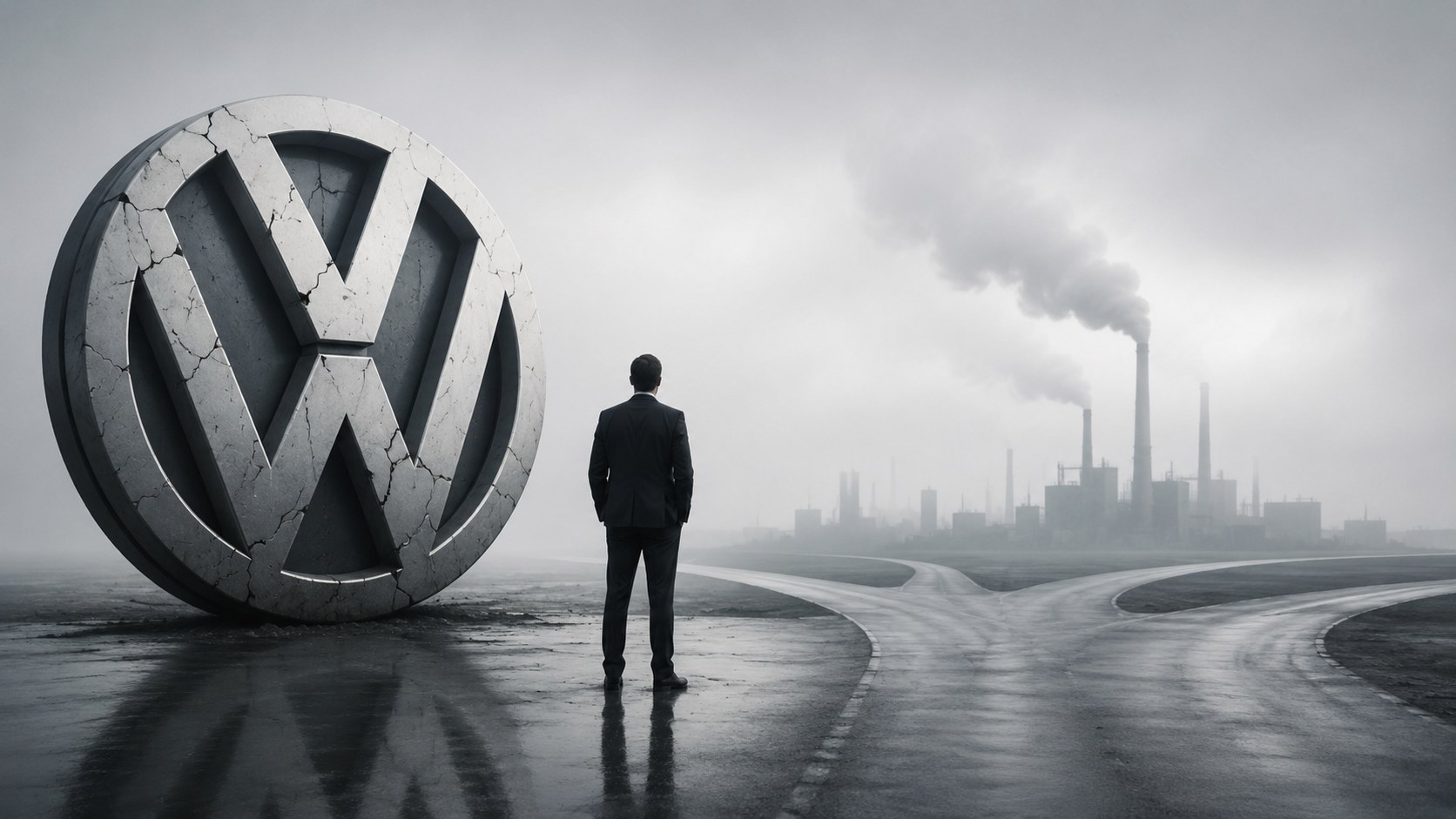 Emblema agrietado de Volkswagen junto a un ejecutivo frente a una planta industrial y caminos divergentes