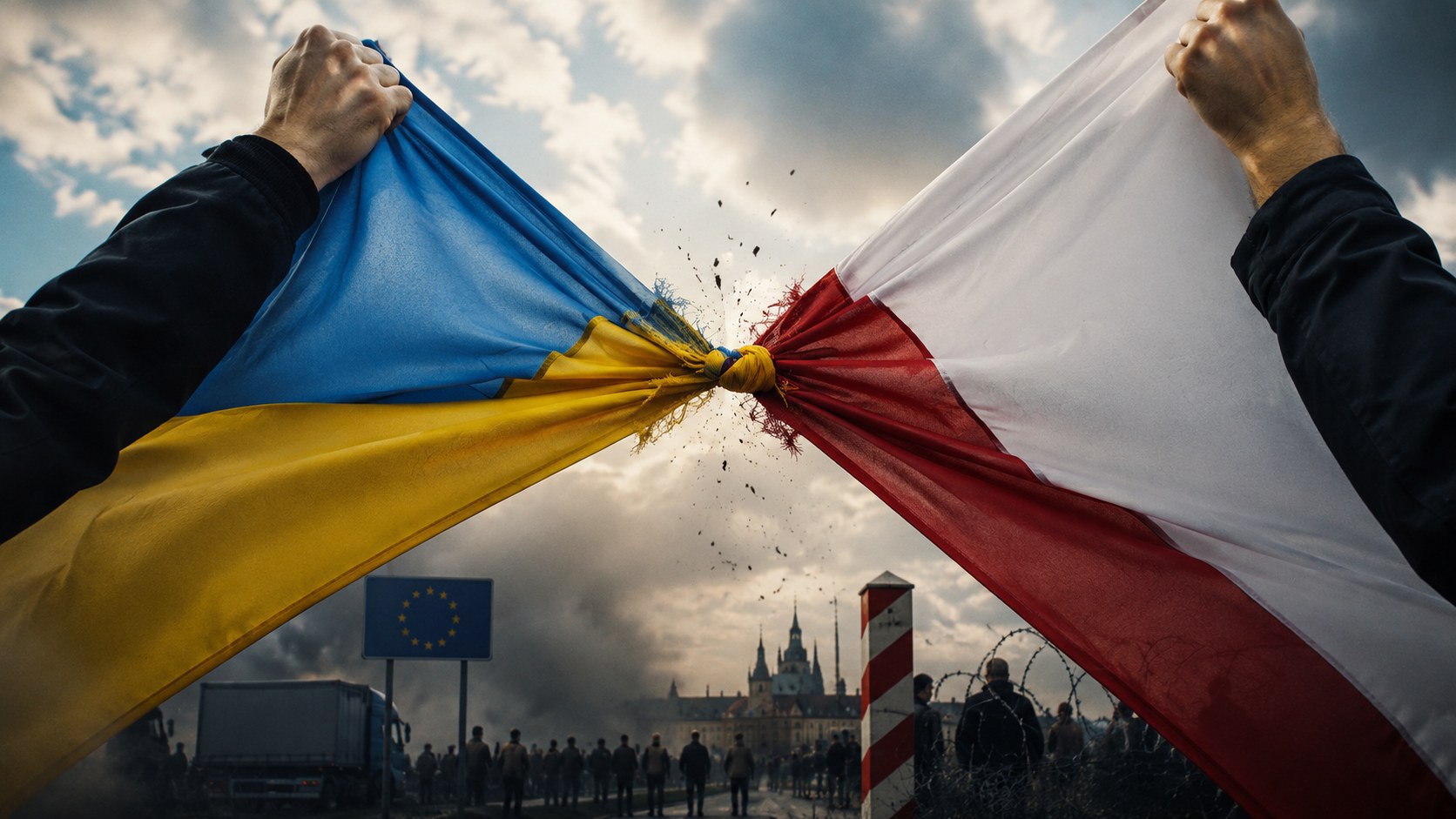 Banderas de Ucrania y Polonia tensadas frente a una frontera europea simbólica