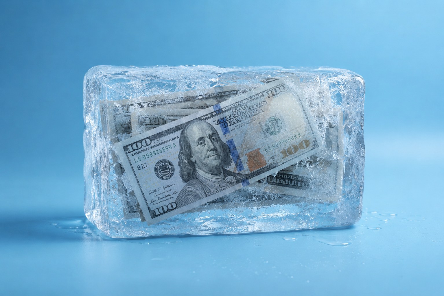 Bloque de hielo con billetes de dólar congelados sobre fondo azul