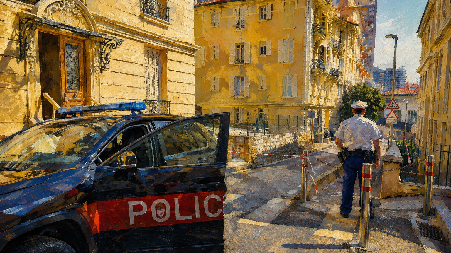Calle de Mónaco con un vehículo policial y una zona acordonada tras una explosión