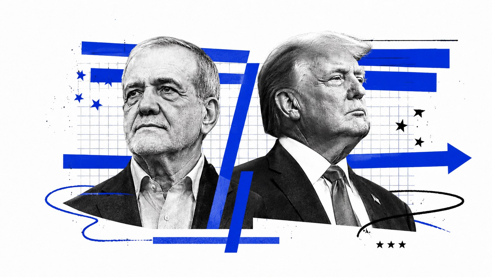 Collage editorial en blanco, negro y azul sobre la tensión entre Irán y Estados Unidos
