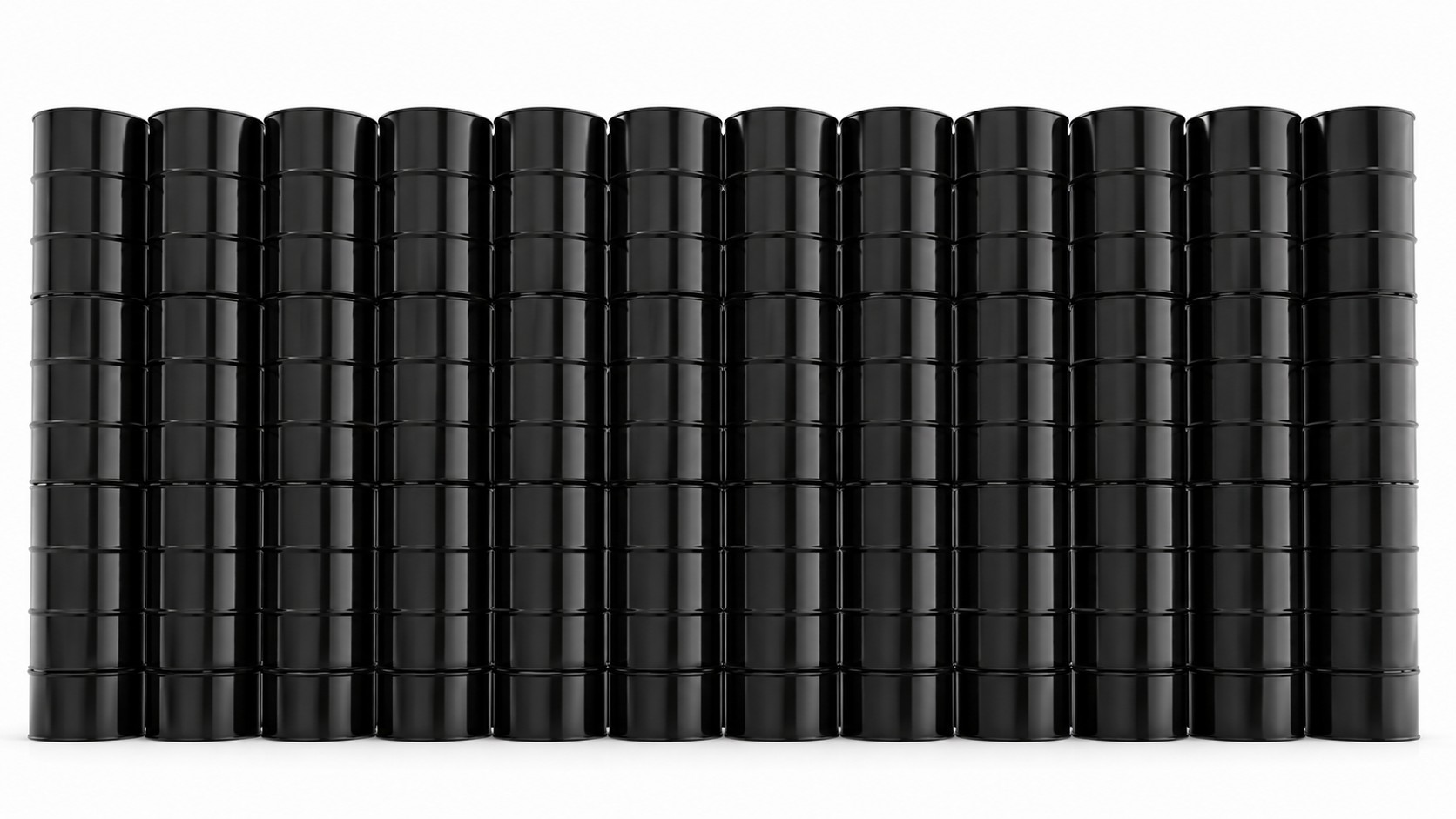 Muro de barriles negros de petróleo sobre un fondo blanco limpio
