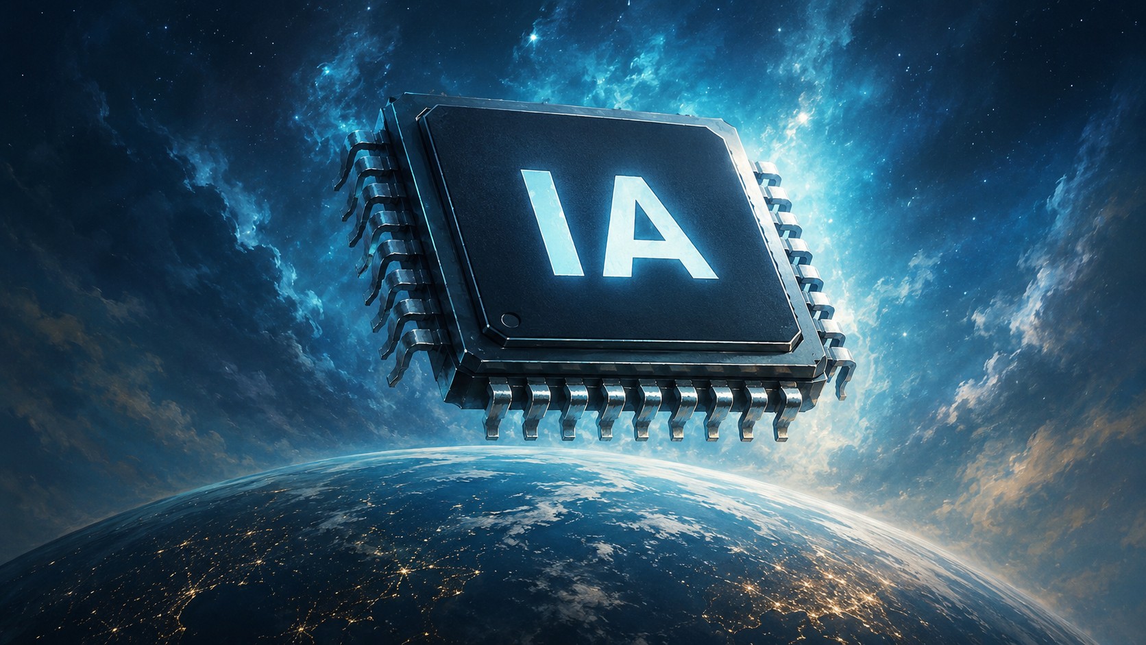 Microchip con la sigla IA flotando sobre la Tierra en una escena espacial azul