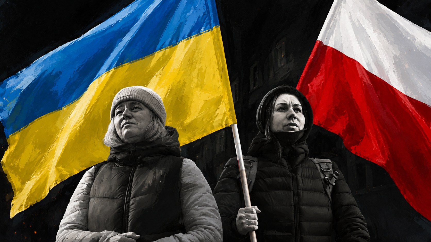 Dos mujeres con banderas de Polonia y Ucrania sobre fondo oscuro