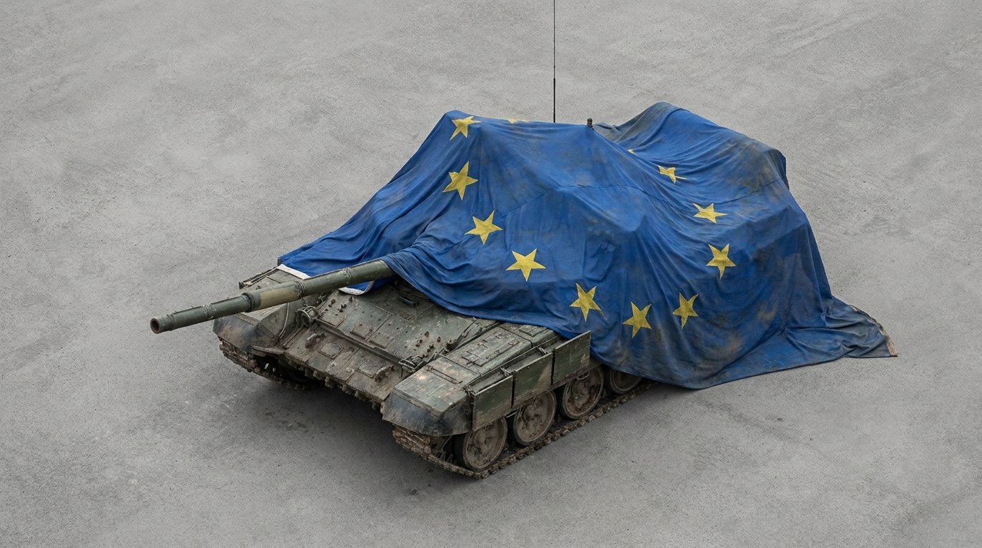 Tanque cubierto con la bandera de la Unión Europea, símbolo del aumento encubierto del gasto militar de los países europeos de la OTAN