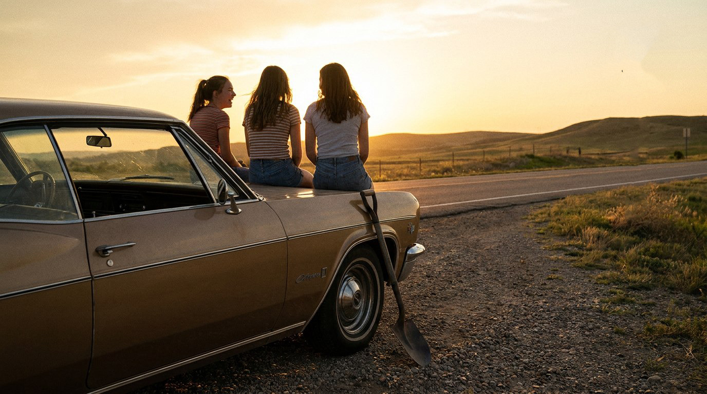 Tres adolescentes sentadas sobre el capó de un auto clásico al atardecer, en una carretera rural, evocando la amistad entre las jóvenes del caso