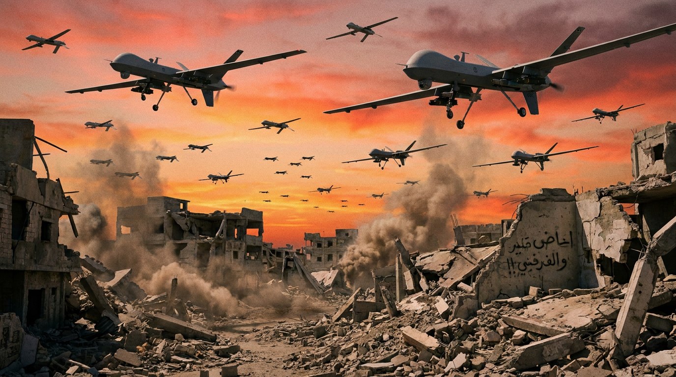 Enjambre de drones militares sobrevolando un barrio en ruinas al atardecer, imagen simbólica de la guerra moderna