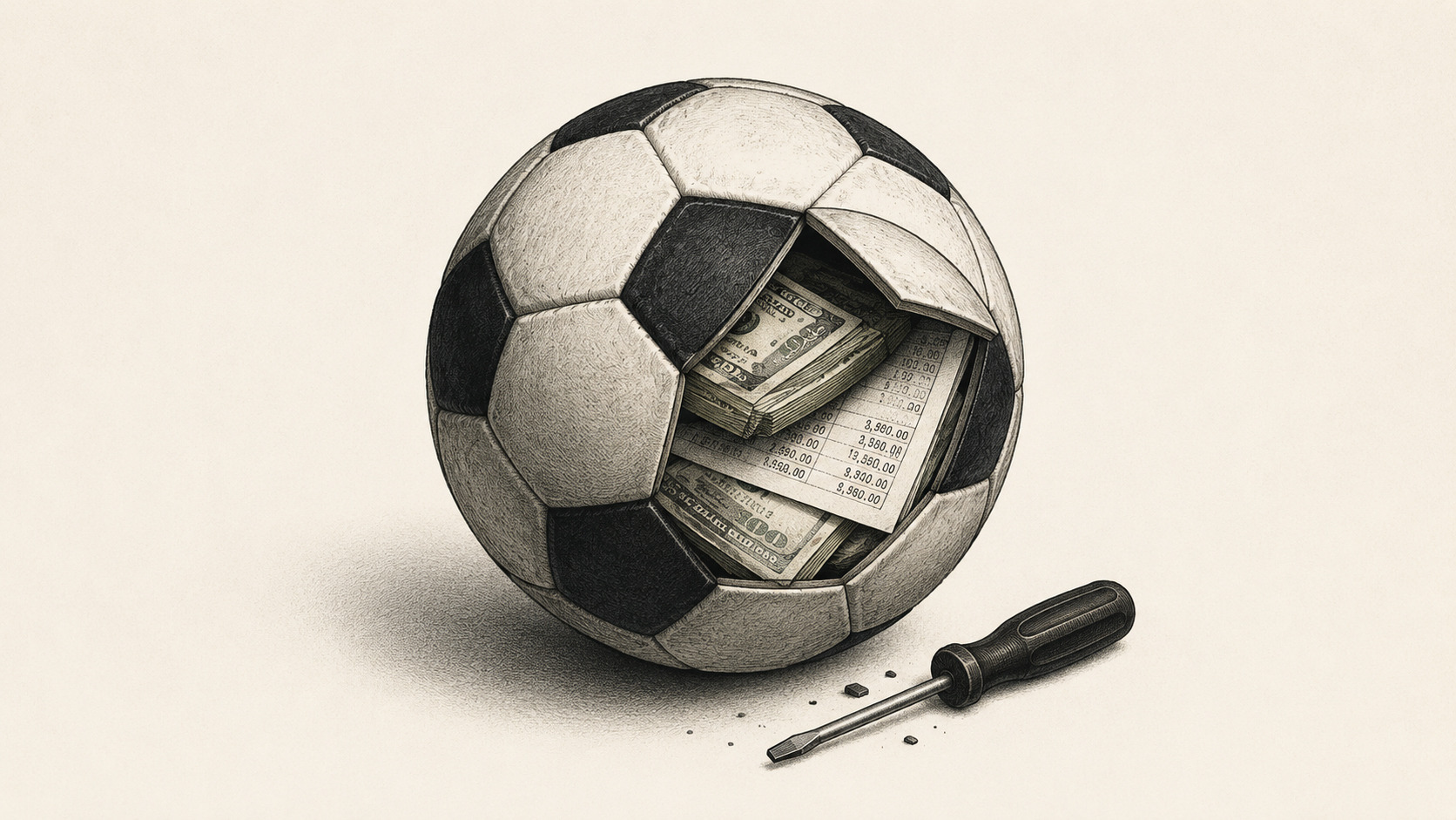 Balón de fútbol abierto con dinero y documentos en su interior