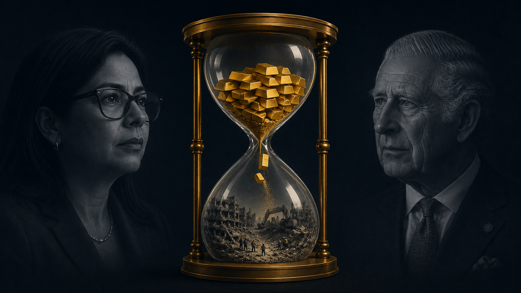 Reloj de arena con lingotes de oro entre Delcy Rodríguez y Carlos III