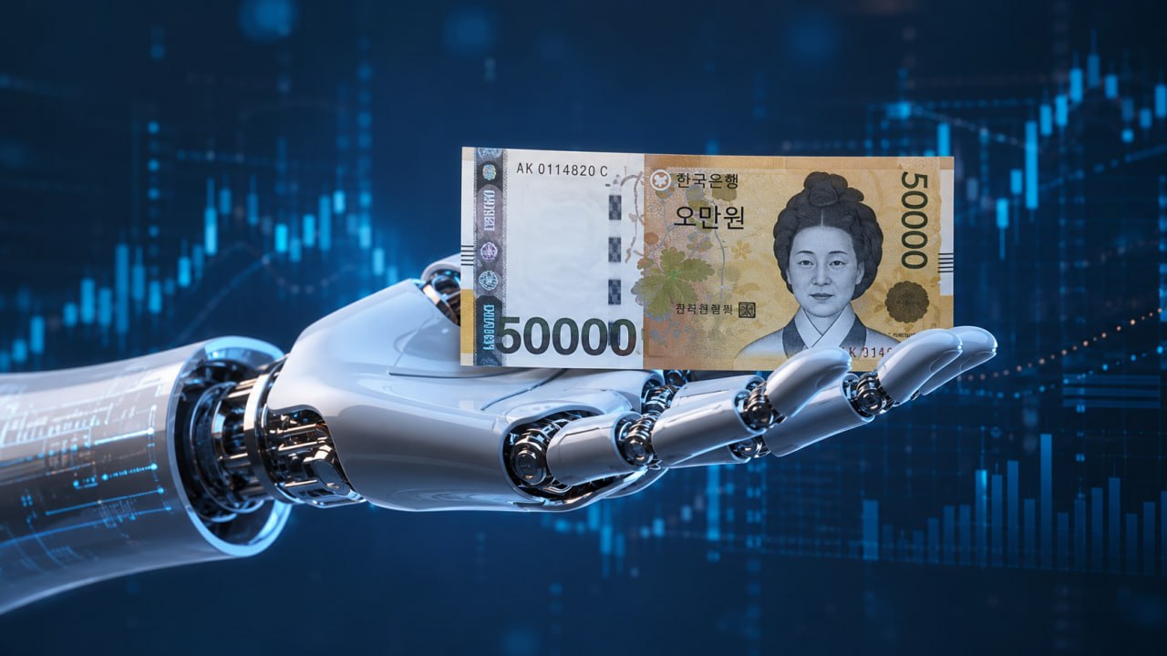 Mano robótica sosteniendo un billete surcoreano frente a gráficos financieros digitales