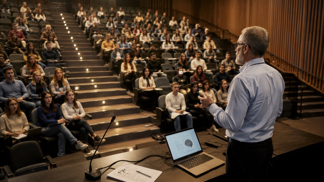 Profesor impartiendo una clase ante estudiantes en un auditorio universitario
