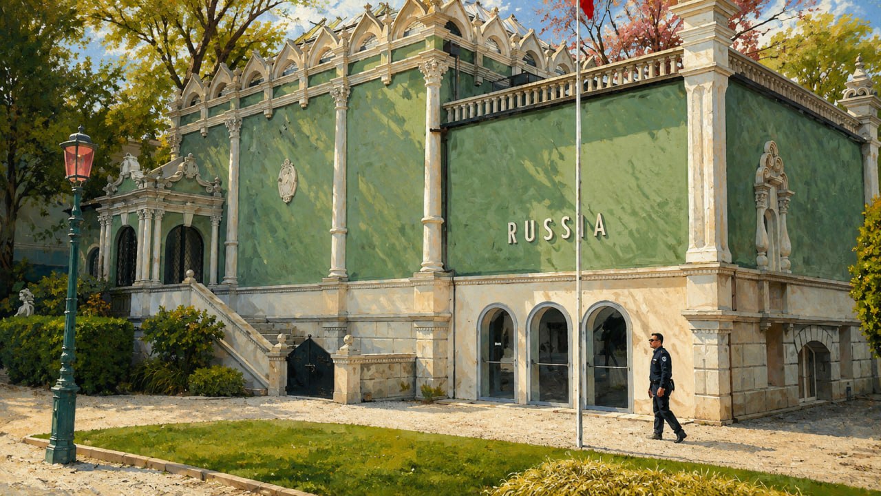 Pabellón ruso de fachada verde en la Bienal de Venecia, rodeado de árboles