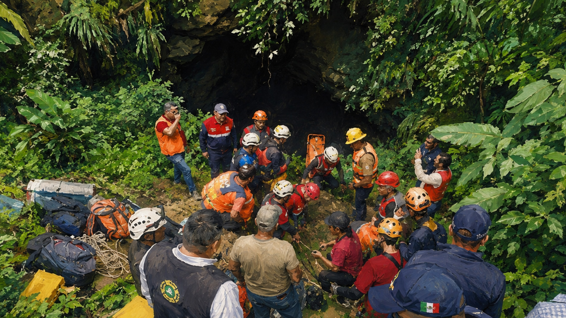 Entrada de la gruta de Chichicazapan, rodeada de vegetación y rocas, en Cuetzalan, Puebla.