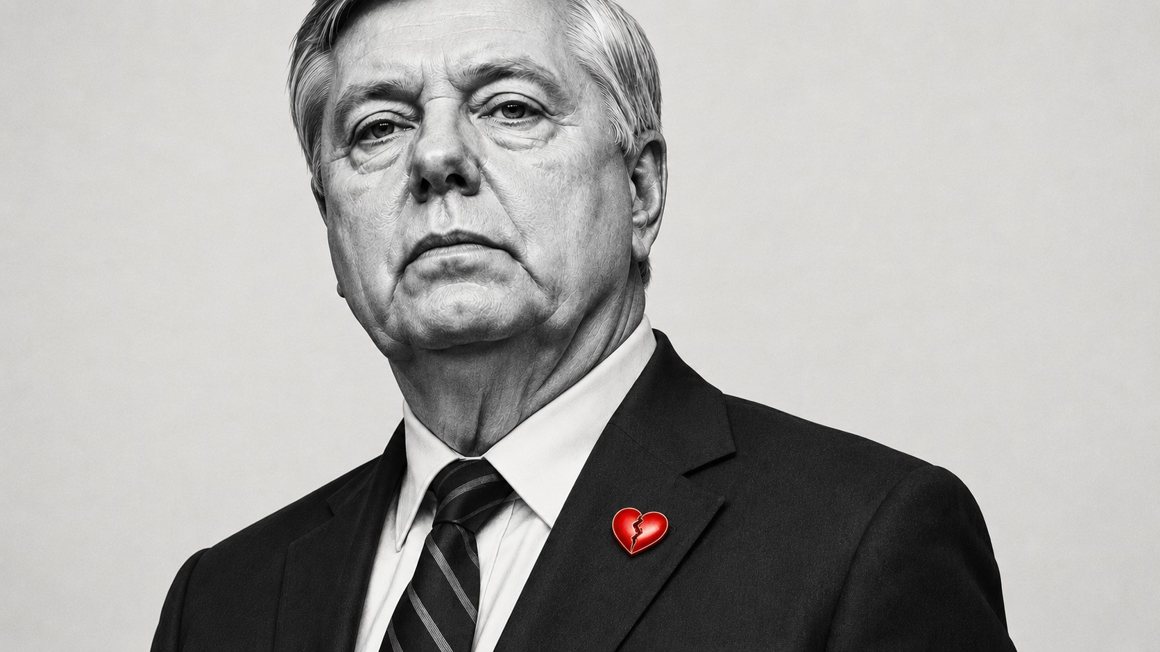 Retrato en blanco y negro de Lindsey Graham con un broche rojo en forma de corazón roto
