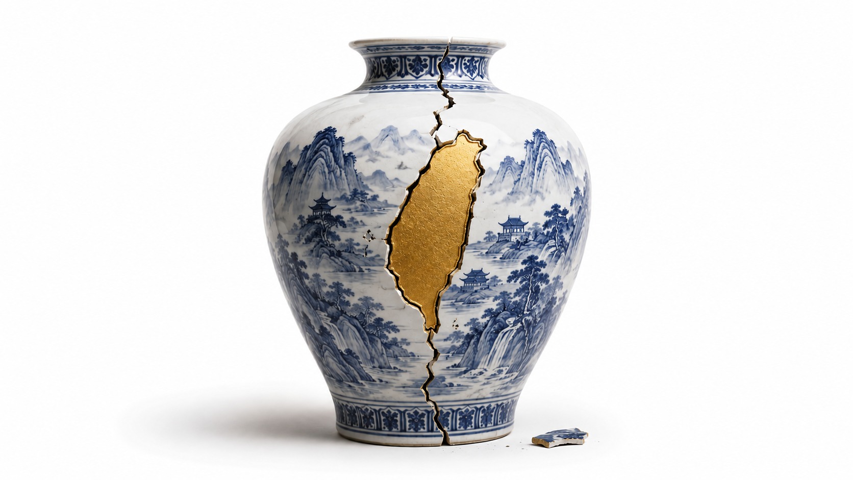 Jarrón de porcelana china agrietado con una pieza dorada en forma de Taiwán