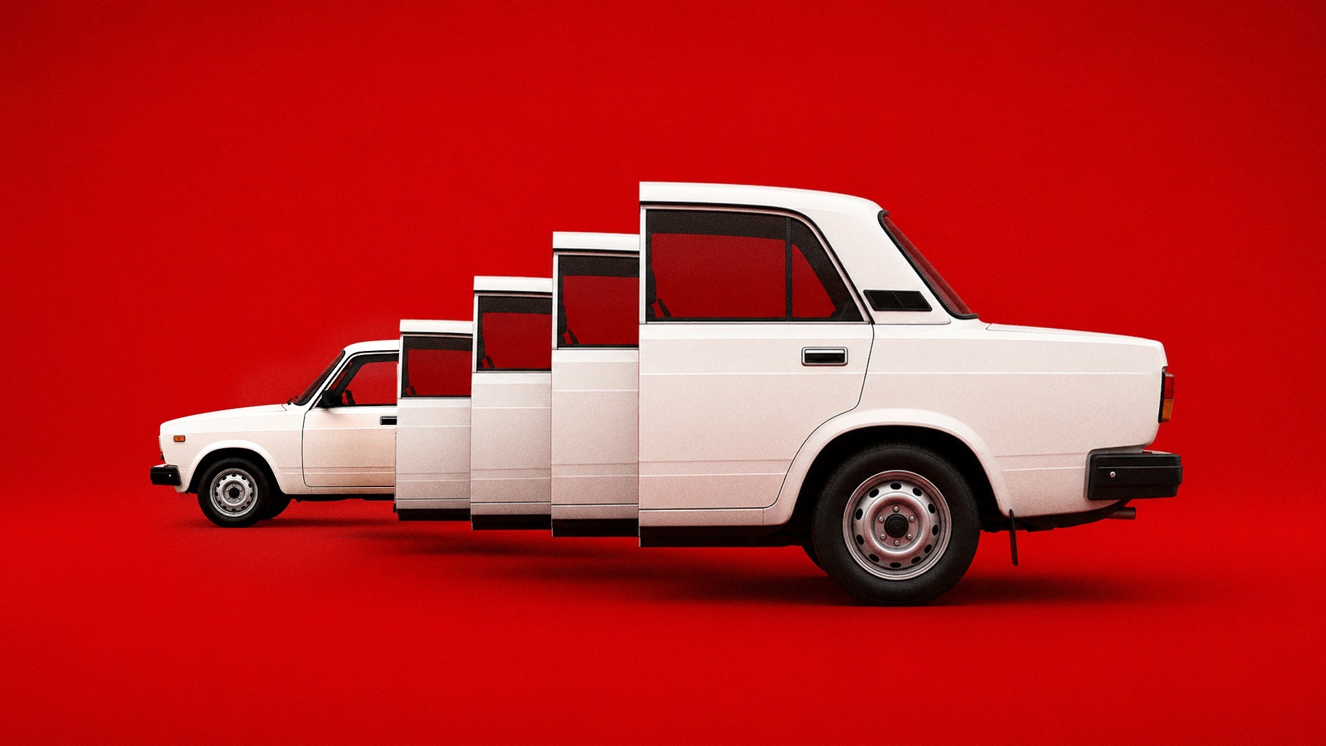 Composición de varios automóviles Lada blancos encajados como una matrioska sobre un fondo rojo
