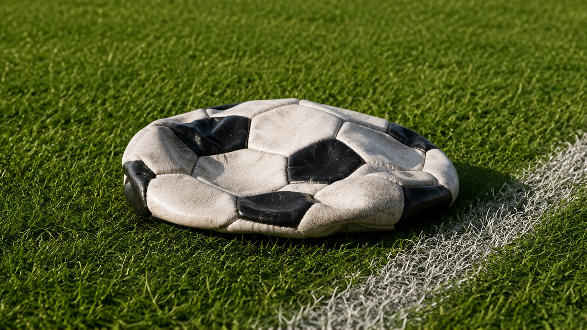 Balón de fútbol desinflado sobre el césped junto a una línea blanca del campo