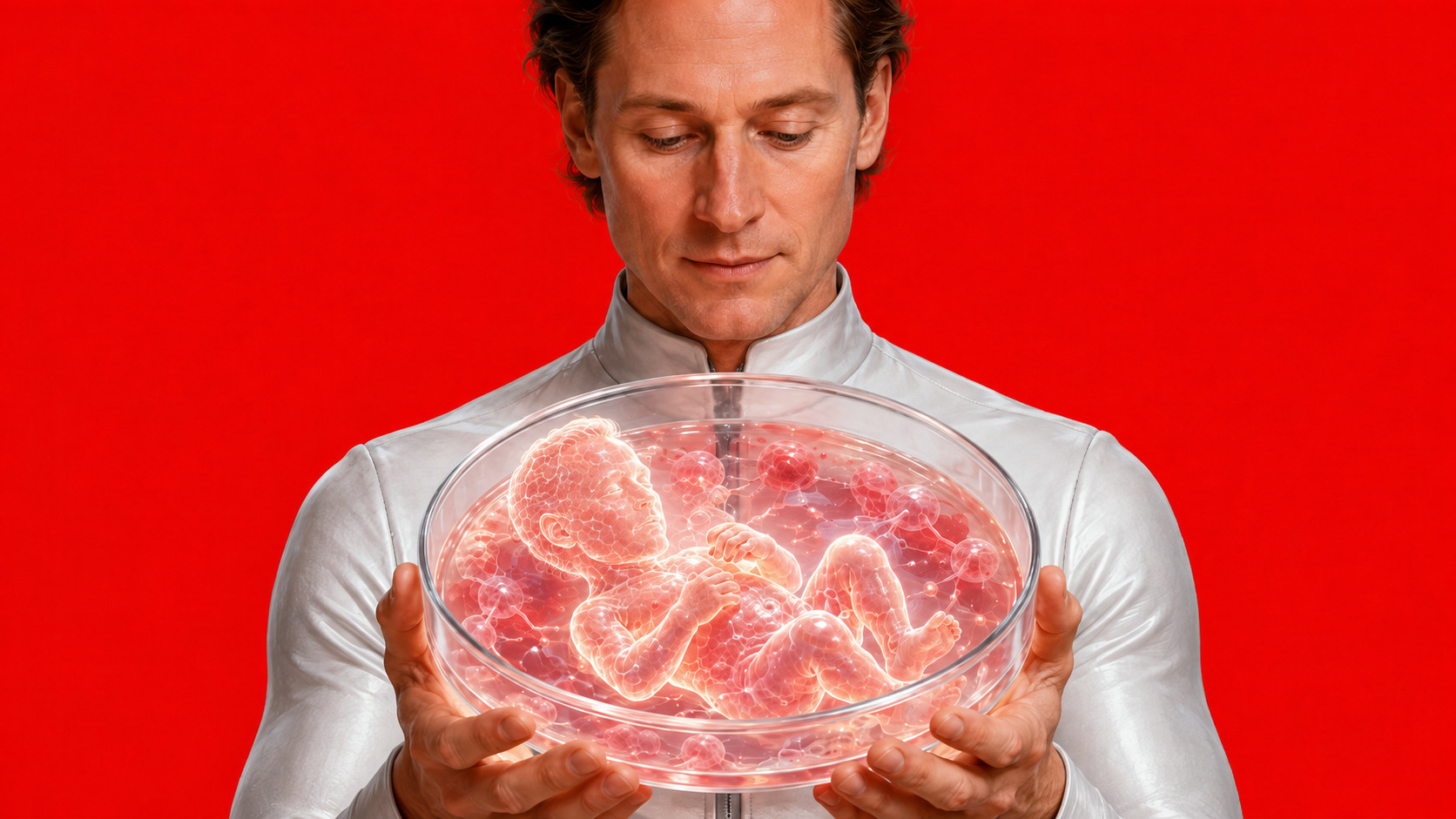 Ilustración editorial de un biohacker sosteniendo una placa de Petri con una figura humana en su interior