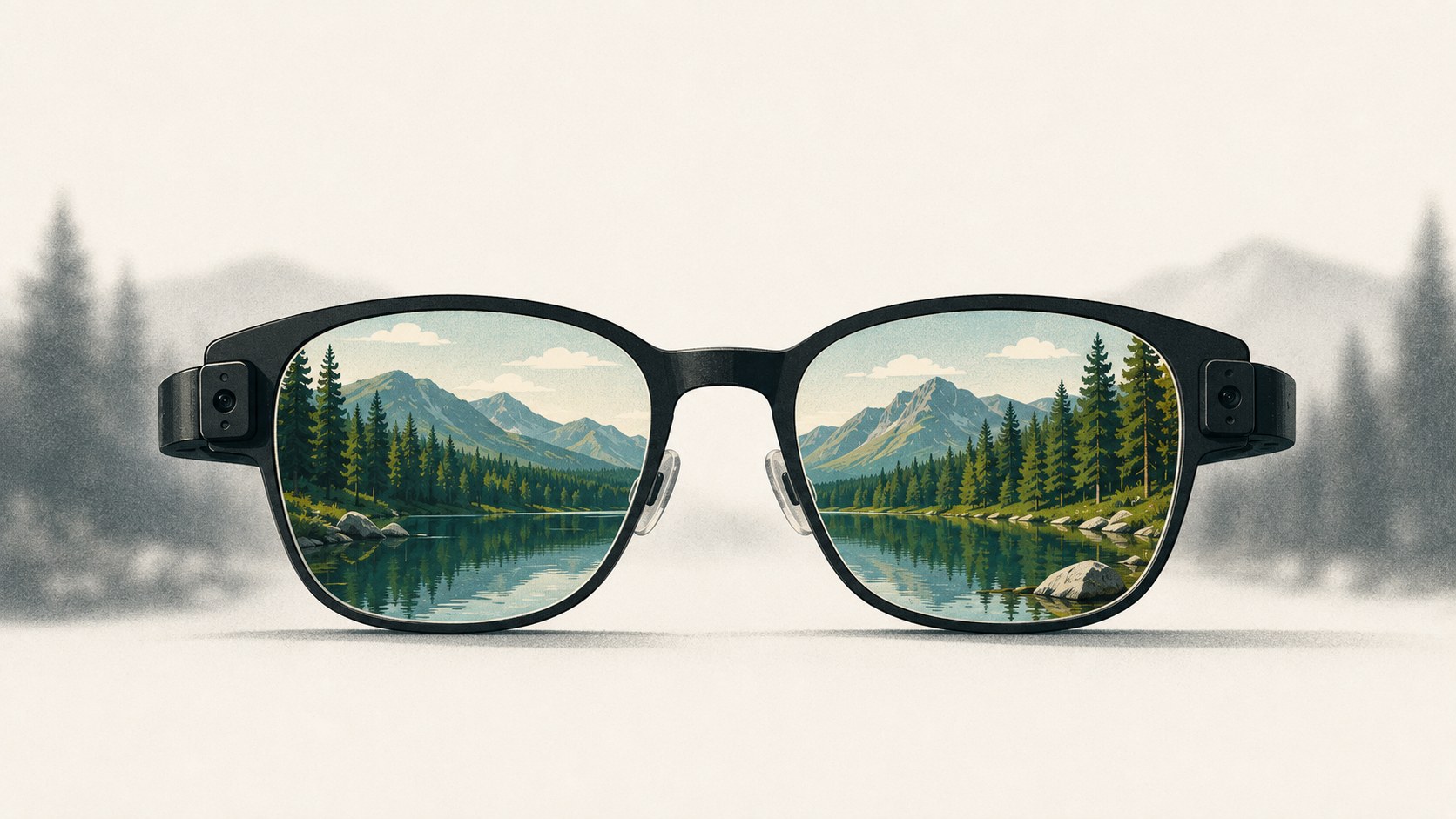 Gafas biónicas negras con un paisaje nítido de montañas, bosque y lago visible a través de ambas lentes