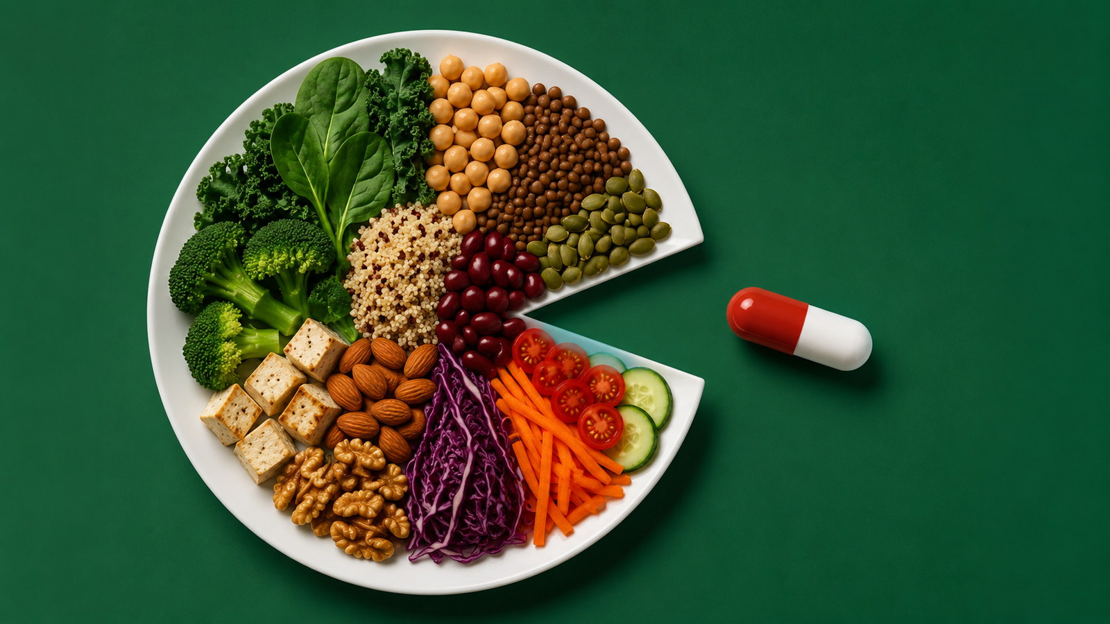 Plato con alimentos vegetales al que le falta una porción, junto a una cápsula, sobre un fondo verde