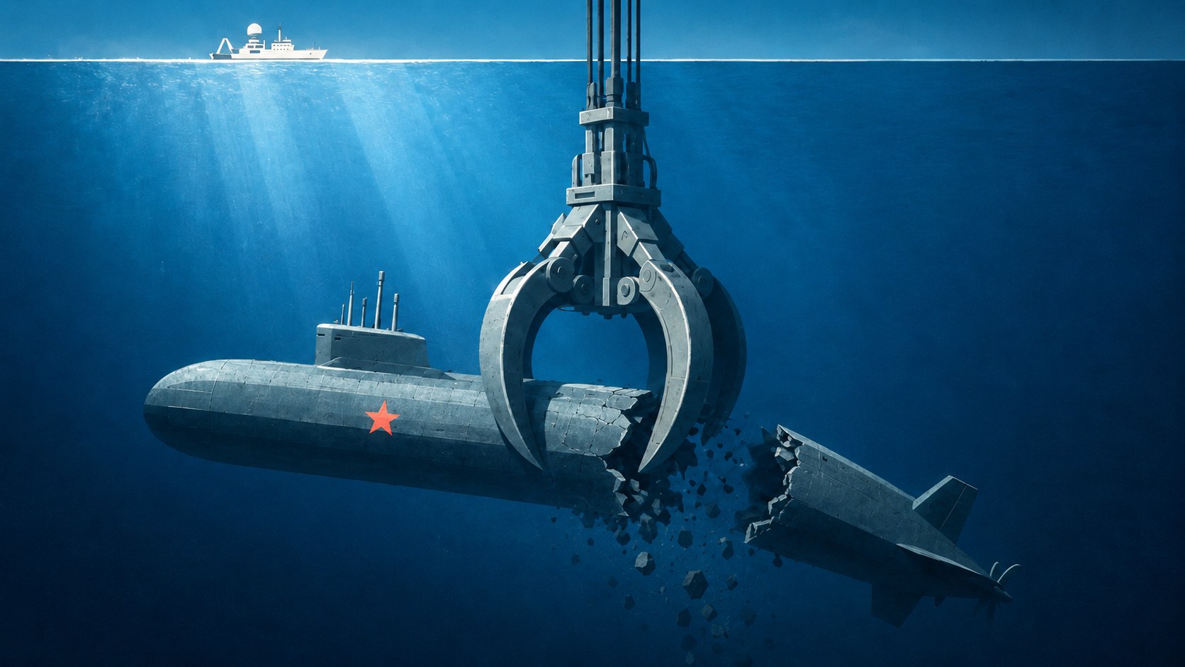 Ilustración de un submarino soviético roto bajo una gran garra hidráulica en aguas profundas