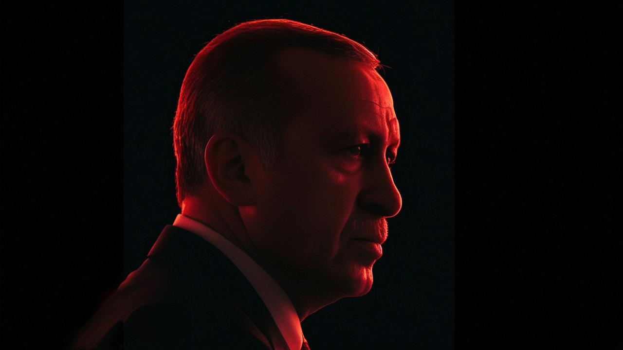 Retrato de perfil del presidente de Turquía, Recep Tayyip Erdogan, iluminado en rojo sobre un fondo oscuro