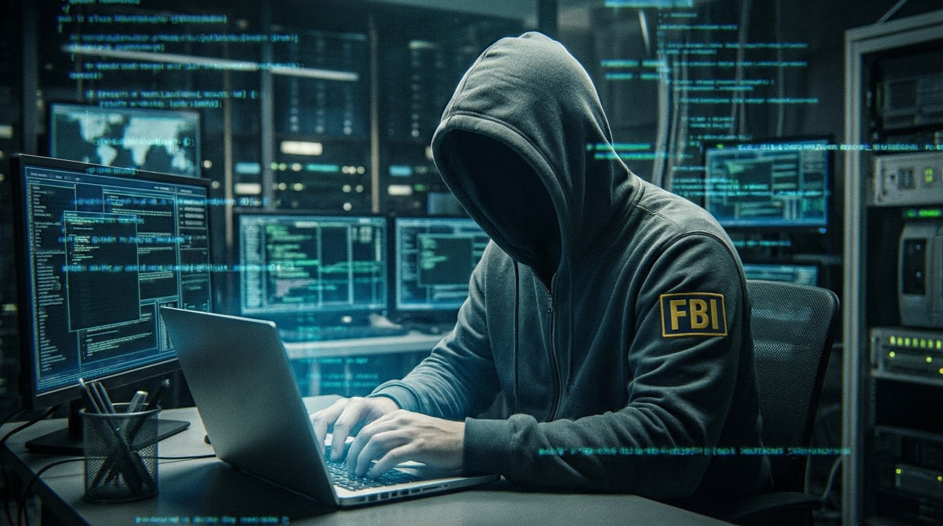 Exagente del FBI esposado frente a pantalla con criptomonedas y bandera de nación adversaria