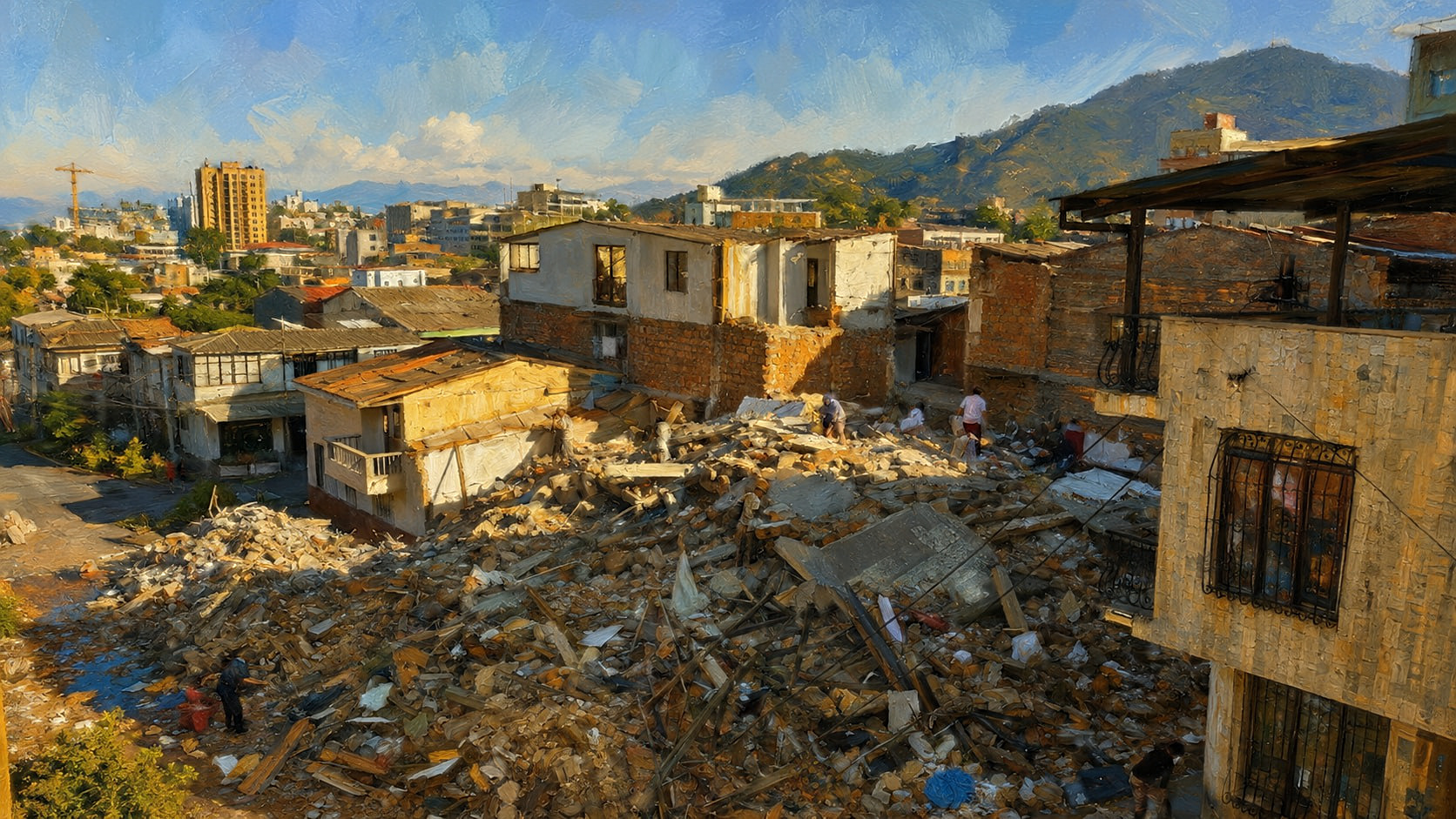 Vista artística de una zona urbana con edificios dañados y labores entre escombros tras un terremoto