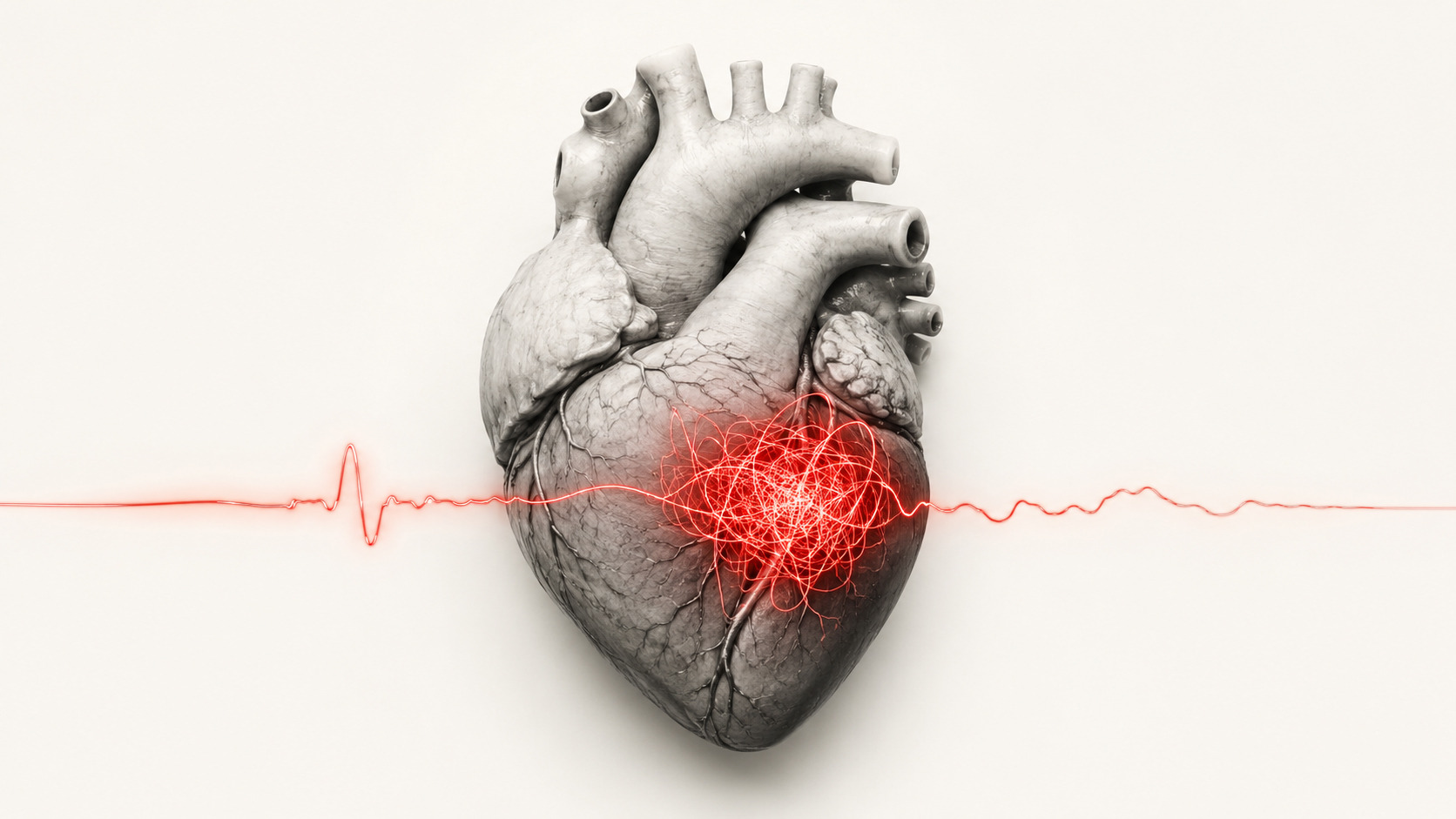 Representación artística de un corazón humano en blanco y negro con un latido rojo caótico, simbolizando una arritmia o muerte súbita.