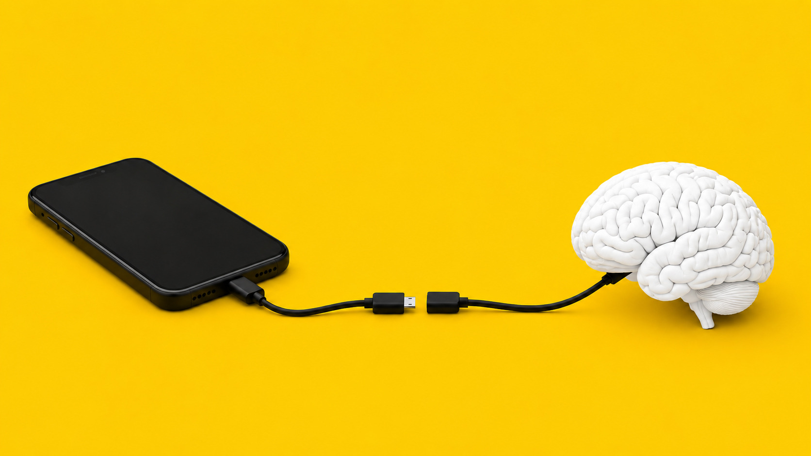 Ilustración conceptual: un cerebro humano conectado a un teléfono inteligente mediante un cable, sobre fondo amarillo brillante