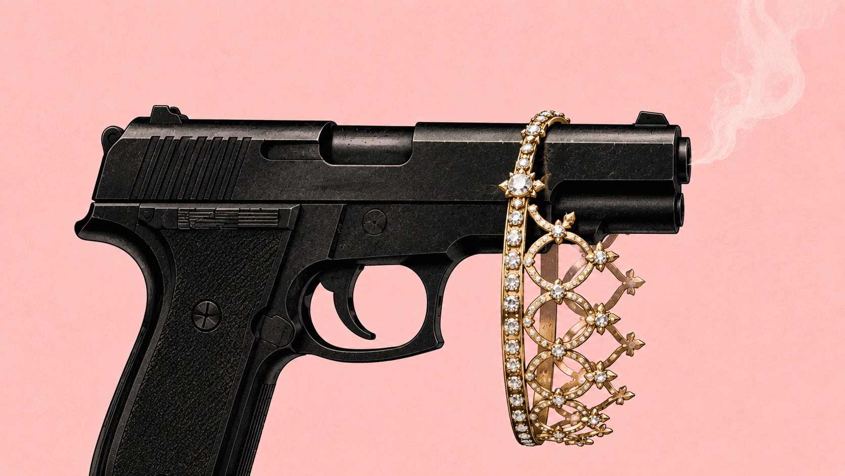 Un arma de fuego envuelta en un brazalete de diamantes sobre un fondo rosa
