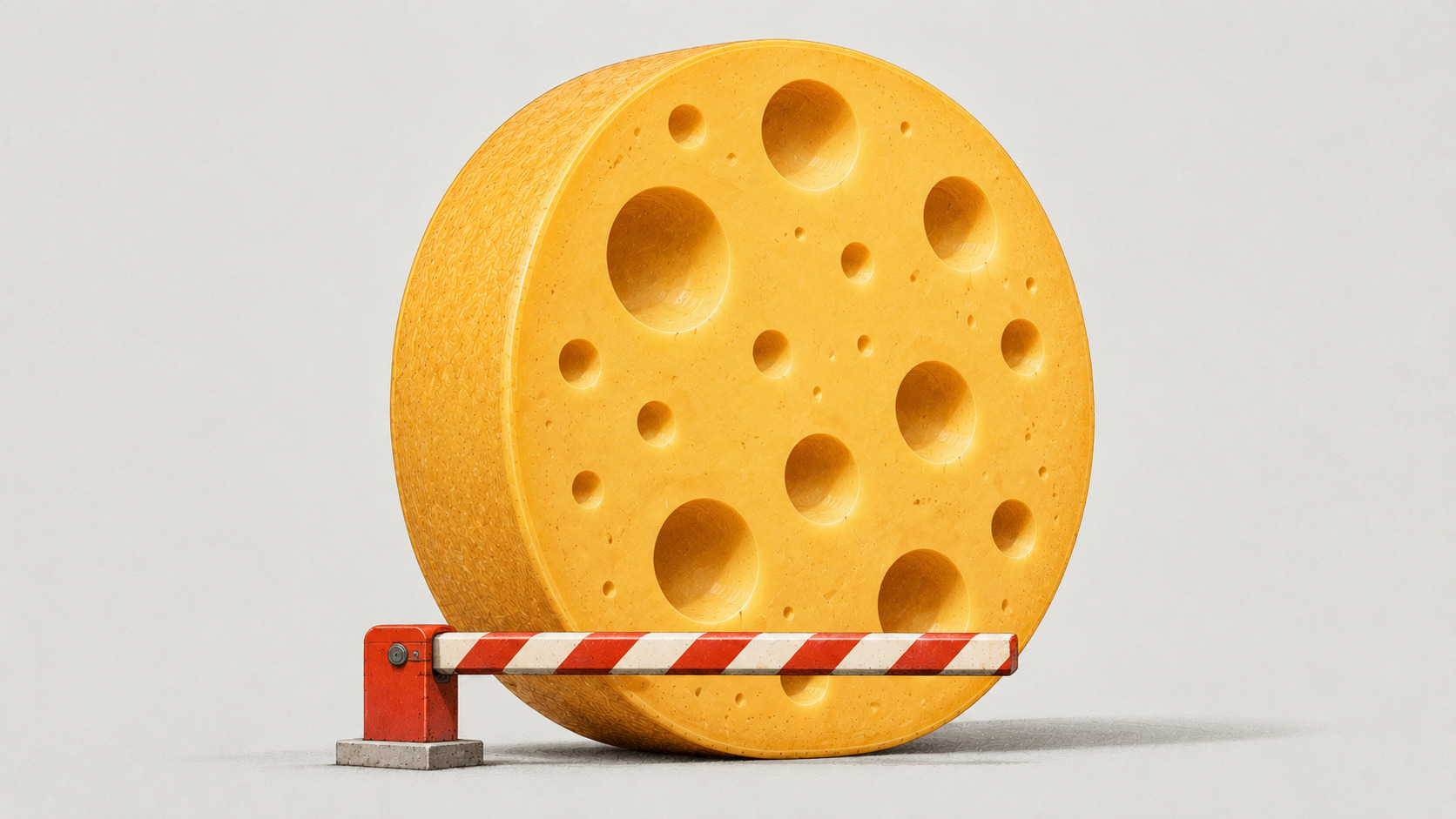 Rueda de queso gigante bloqueada por una barrera roja y blanca, simbolizando la disputa comercial
