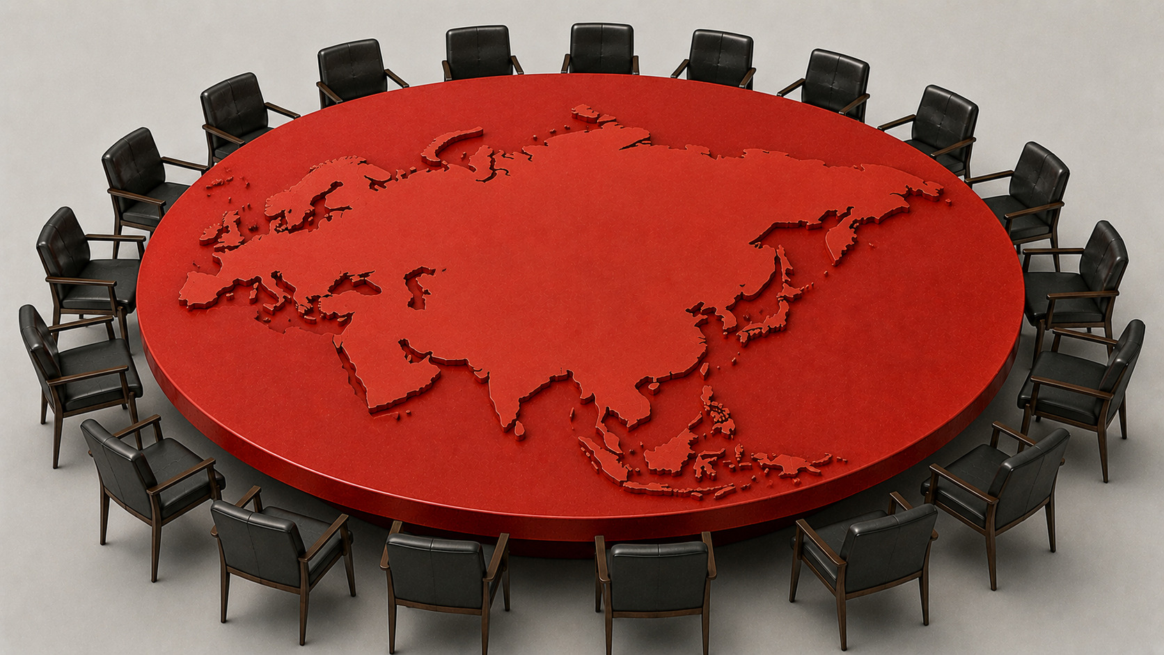 Mesa redonda de color rojo con mapa de Eurasia en relieve rodeada de sillas de cuero negro para cumbre internacional