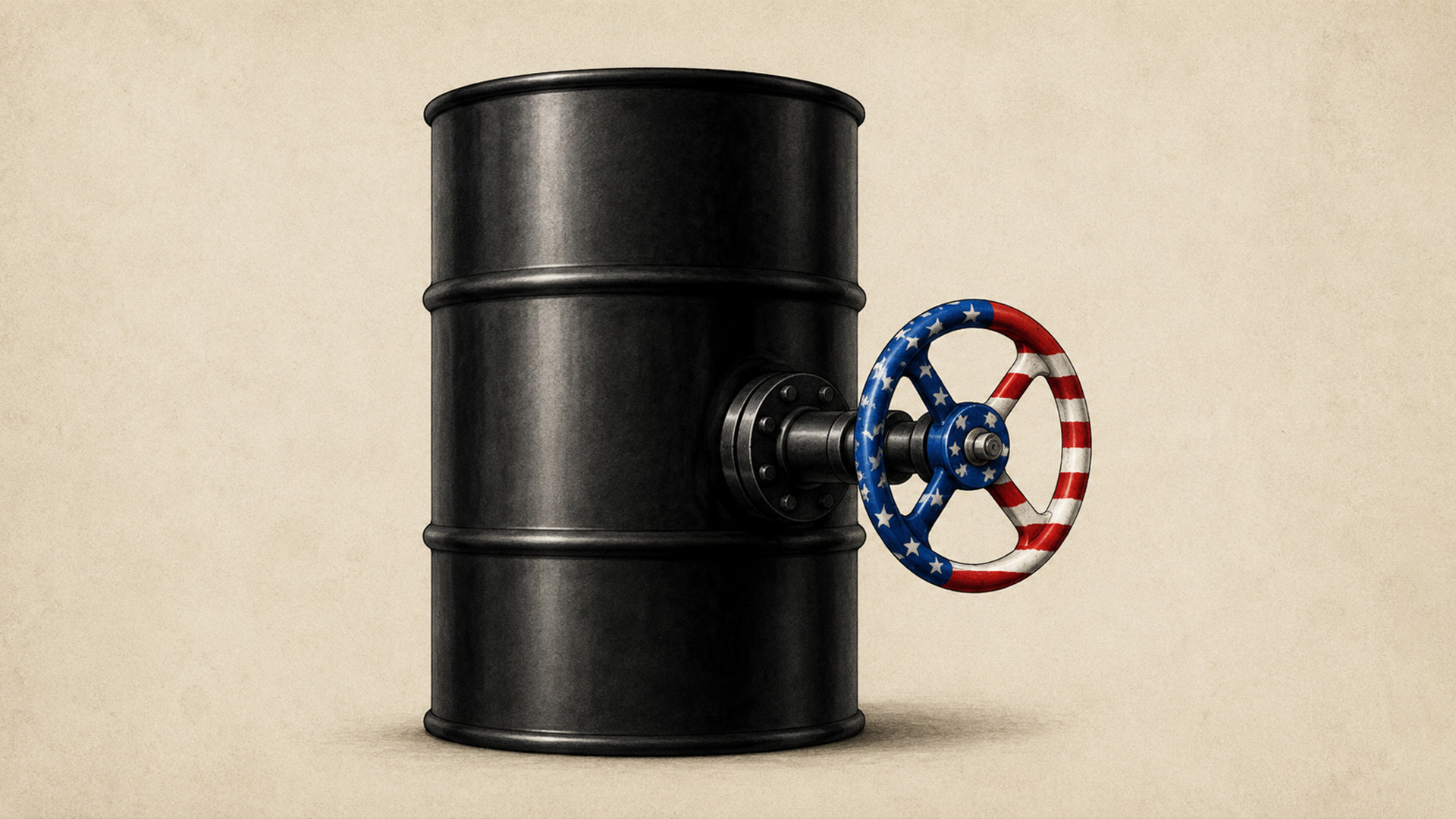 Barril de petróleo negro con válvula de control con estampado de la bandera de Estados Unidos
