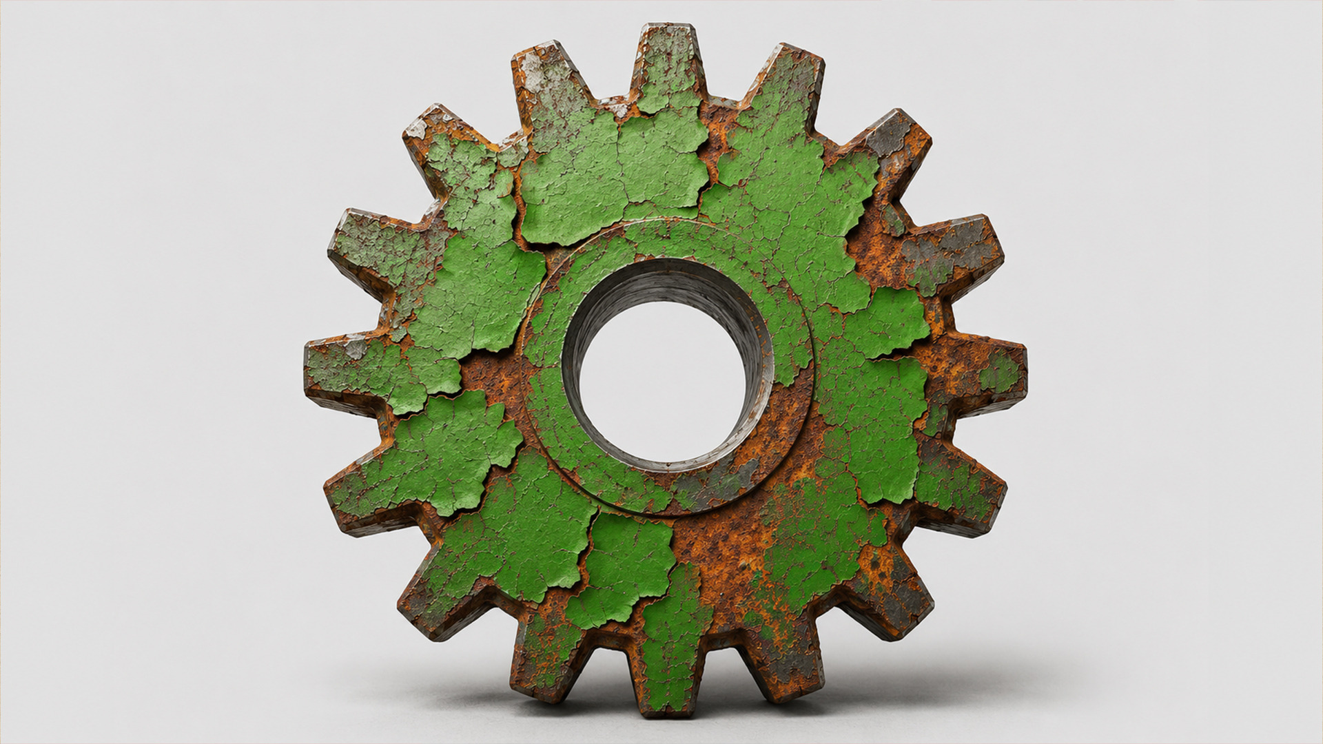 Engranaje oxidado con pintura verde descascarillada