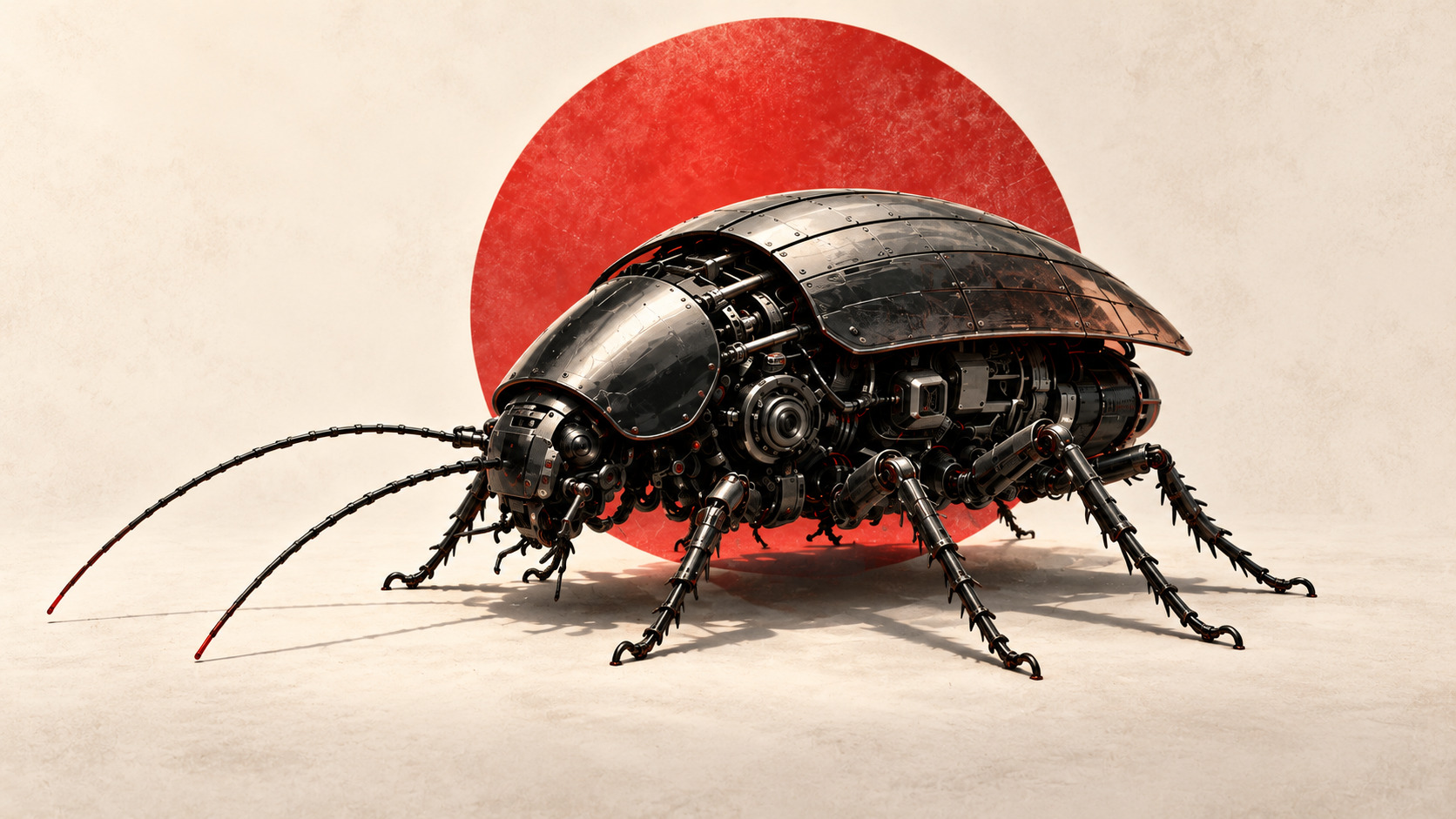 Robot con forma de cucaracha construido con piezas mecánicas sobre un fondo claro con un círculo rojo