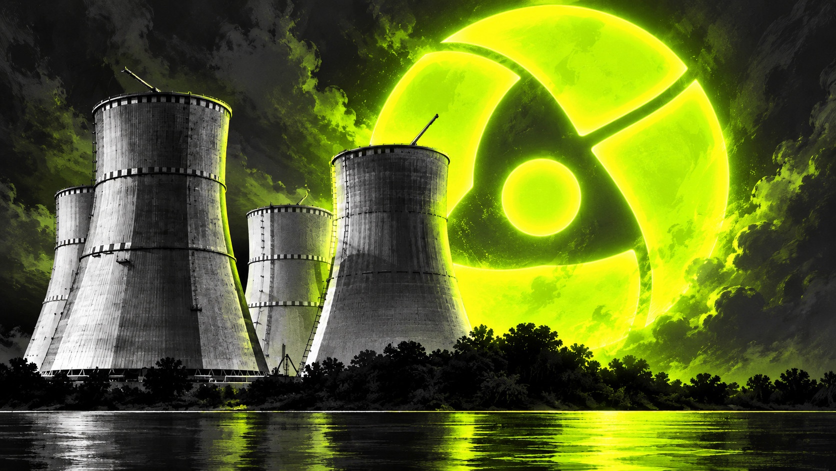Ilustración artística de torres de refrigeración de una central nuclear a la izquierda y un gran símbolo luminoso de energía atómica al fondo