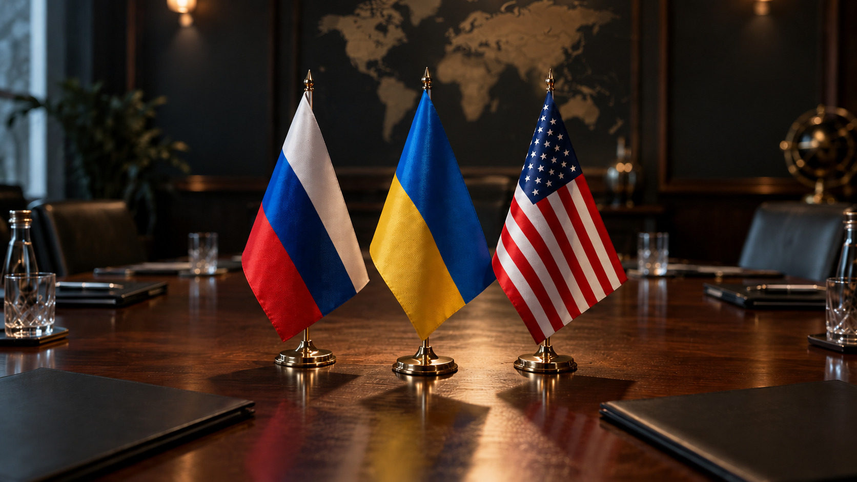 Banderas de Rusia, Ucrania y Estados Unidos iluminadas sobre una mesa de negociaciones vacía
