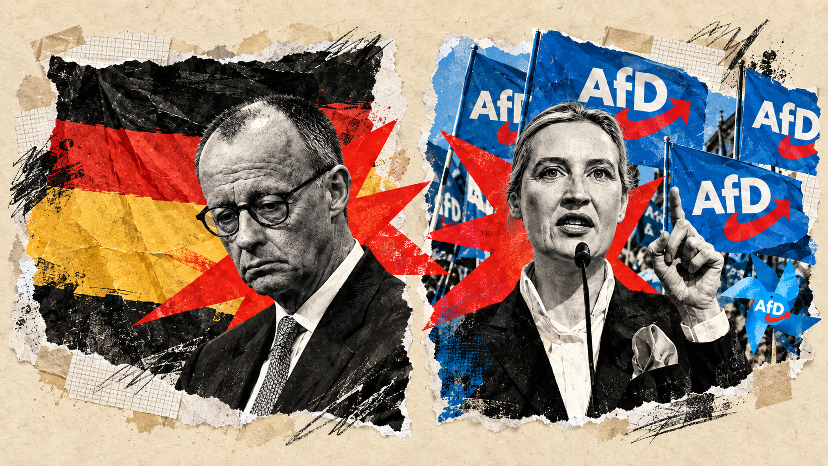 Collage editorial sobre la política alemana con la bandera de Alemania y banderas de la AfD
