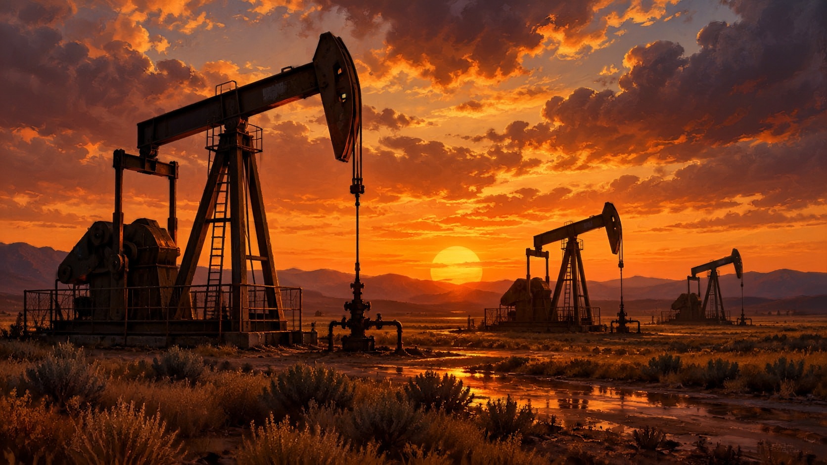 Torres de bombeo de petróleo en un paisaje al atardecer