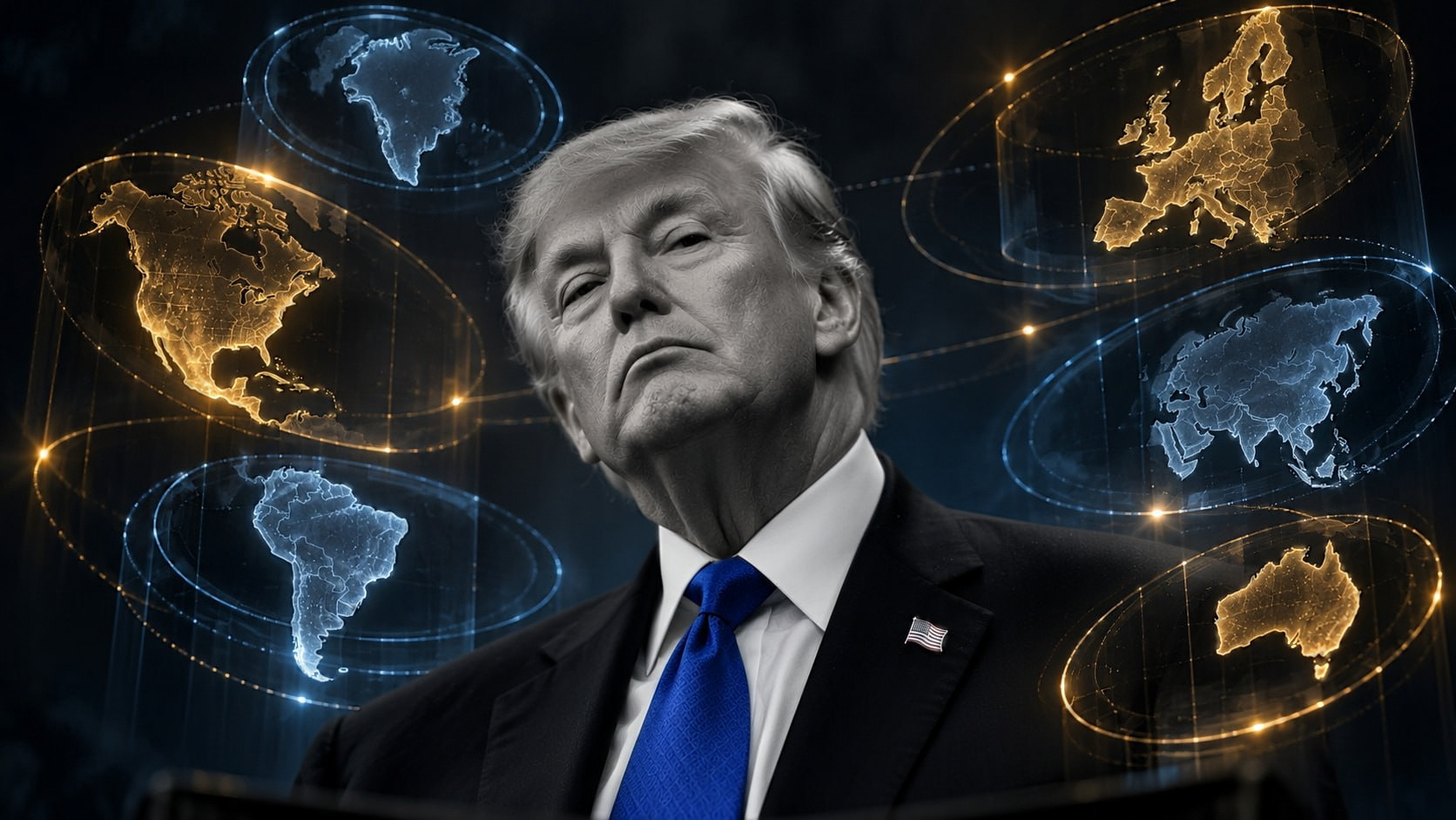 Donald Trump en blanco y negro rodeado por contornos luminosos de distintos territorios, con la corbata roja como único acento de color