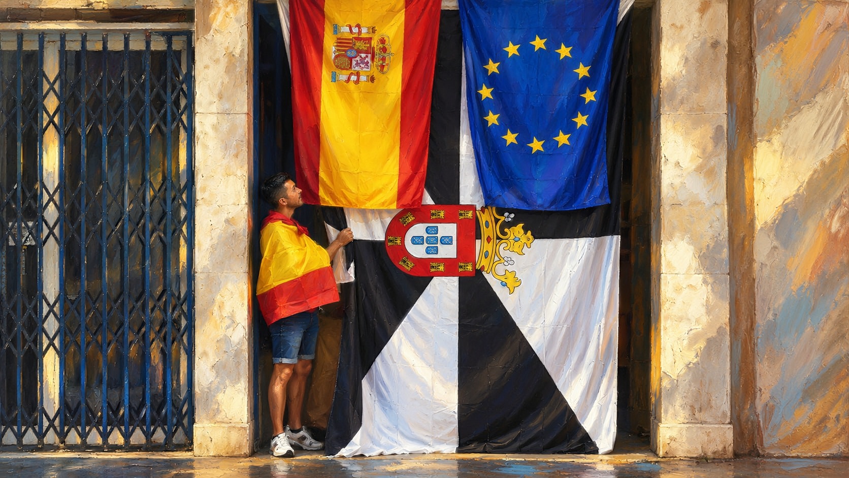 Banderas de España y la Unión Europea sobre una entrada durante una movilización vinculada a Ceuta