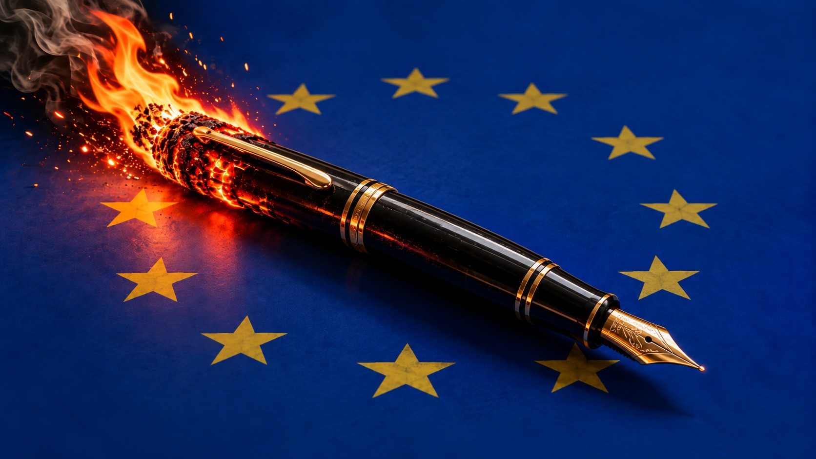 Pluma estilográfica ardiendo sobre una bandera azul con estrellas amarillas de la Unión Europea